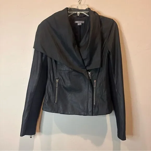 Vince | black leather moto asymmetrical zip paper leather knit moto style jacket - Picture 2 of 5
